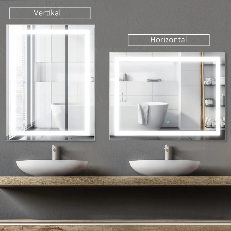 HOMCOM Badspiegel mit Beleuchtung 80x60 cm LED Spiegel Wandspiegel Wasserdicht Lichtspiegel für Badezimmer Silber