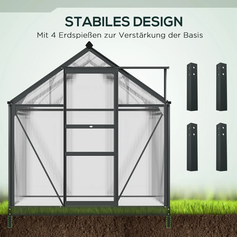 Outsunny Gewächshaus Treibhaus Frühbeet, Dachfenster, begehbar, verzinkter Sockel, wetterbeständig, 190 cm x 132 cm x 201cm, Grau