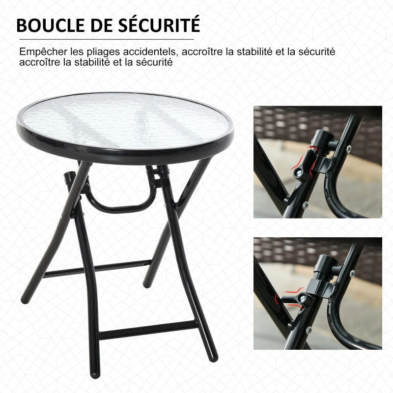 Outsunny Table basse ronde bistro de jardin Ø 45 x 50H cm pliable métal noir plateau verre trempé