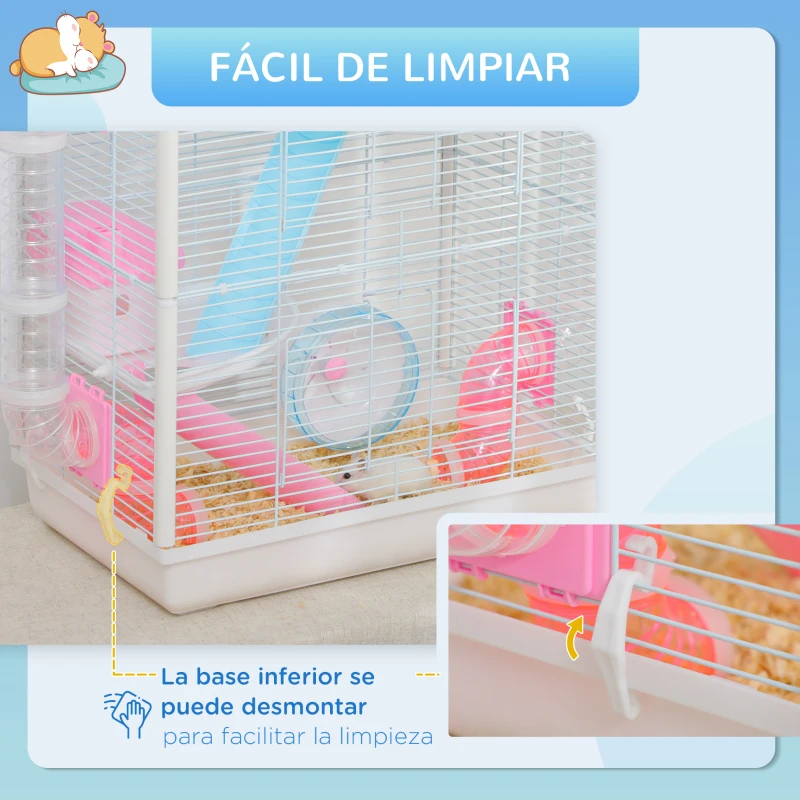 PawHut Jaula para Hámster con Tubos Jaula para Animales Pequeños con Bebedero Casita y Rueda de Ejercicio 47x29,5x53 cm Blanco