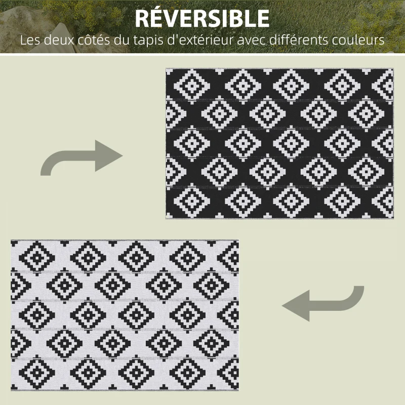 Outsunny Tapis extérieur Style Graphique - Tapis réversible 2 Motifs - dim. 2,74L x 1,82l m - PP Haute densité 310 g/m² Noir Blanc