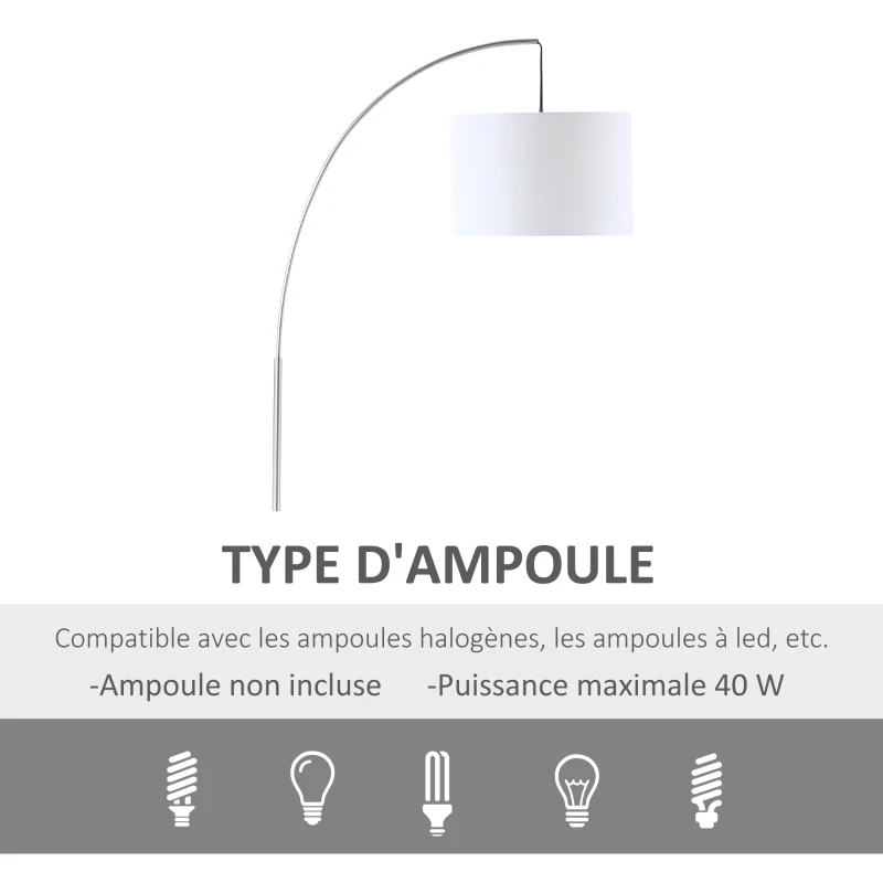 HOMCOM Lampadaire arc lampadaire arceau courbé design contemporain abat-jour polyester interrupteur à pied pour salon chambre et bureau 90 x 38 x 183 cm blanc et argent