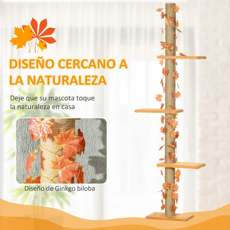 PawHut Árbol para Gatos de Suelo a Techo de 202-242 cm con 3 Plataformas Altura Ajustable y Decoración de Hoja de Arce Naranja
