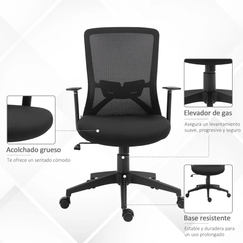 Vinsetto Silla de Oficina Altura Ajustable Reposabrazos Soporte Lumbar Respaldo Transpirable y Basculante 62x56x95-103 cm Negro