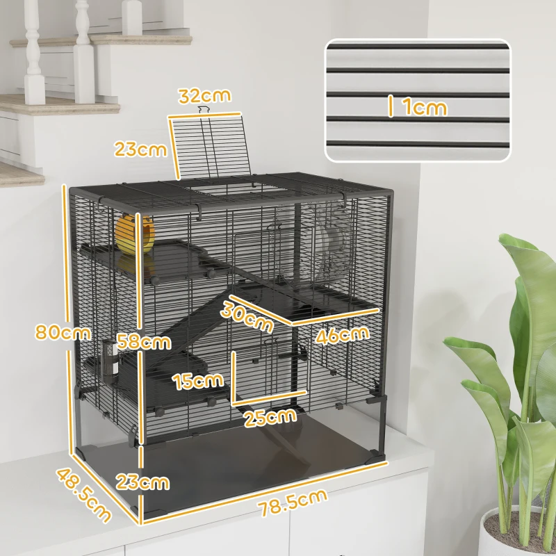 PawHut 4 Tiers Hamster Cage with Deep Tempered Glass Bottom, Hut, Running Wheel, Food Dish, Water Bottle, 78.5 x 48.5 x 80cm