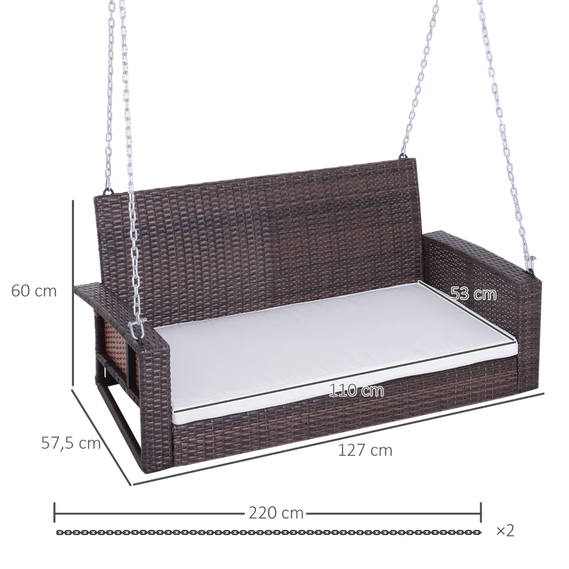 Outsunny Hängebank 2-Sitzer Rattan Gartenschaukel mit Sitzkissen Hängeschaukel Hollywoodschaukel Schaukelbank Gartenbank Braun 127 x 65 x 60 cm
