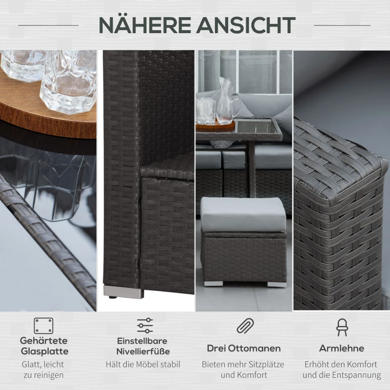 Outsunny 10-tlg. Gartengarnitur in Rattanoptik, mit Sitz- und Rückenkissen, rostfreier Metallrahmen, dunkelgrau