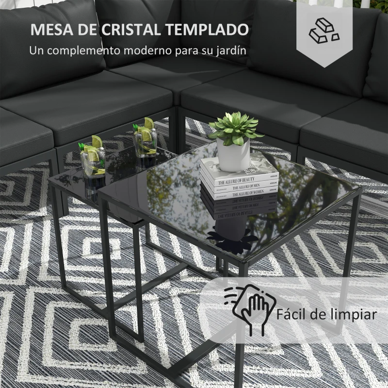 Outsunny Conjunto de Muebles de Jardín 7 Piezas Incluye Sofá de 5 Módulos con Cojines y 2 Mesas de Centro para Terraza Patio Gris