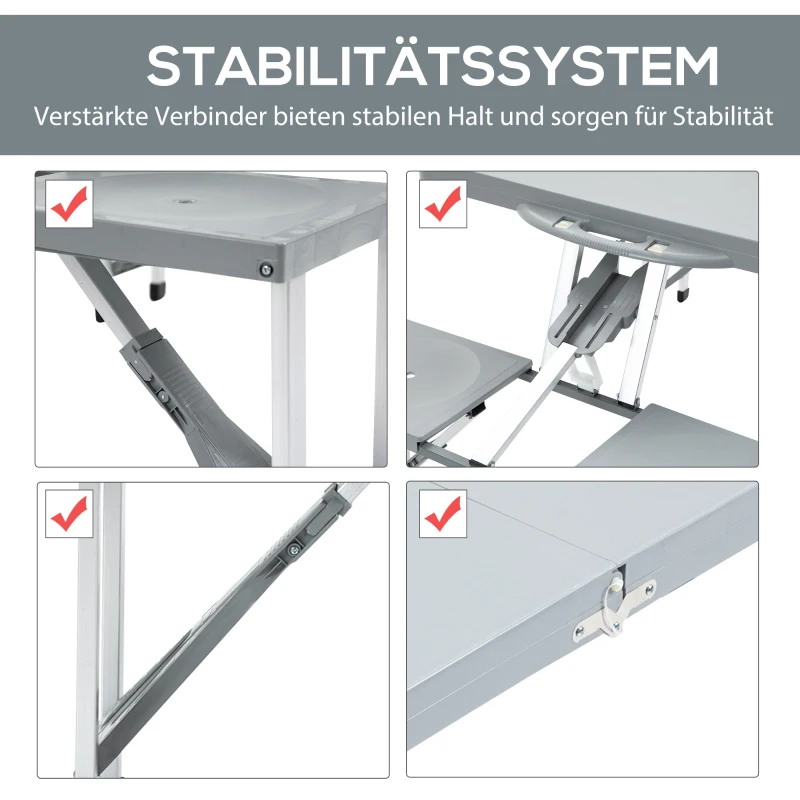 Outsunny Alu Campingtisch Picknick Bank Sitzgruppe Gartentisch mit 4 Sitzen klappbar Grau 135,5 x 84,5x 66 cm