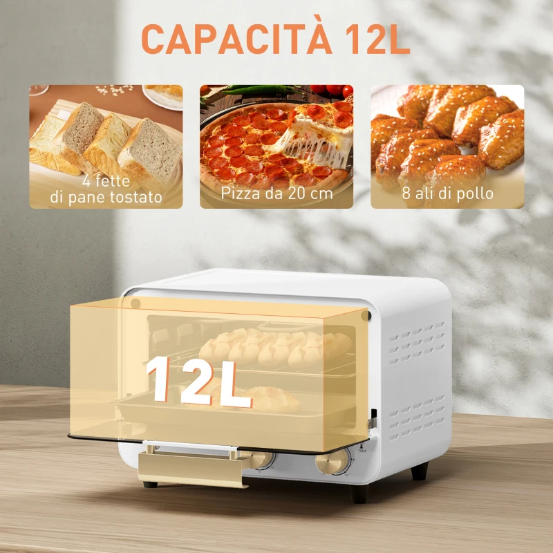HOMCOM Fornetto Elettrico 12L con Timer e Temperatura Regolabile, in Acciaio e Plastica, 31.5x27.7x22.7 cm, Bianco e Oro