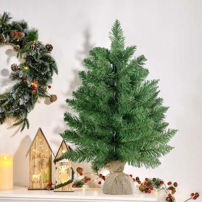 HOMCOM Albero di Natale Mini 55cm con 50 Rami Folti e Aghi Realistici in PVC, Base in Cemento e Iuta