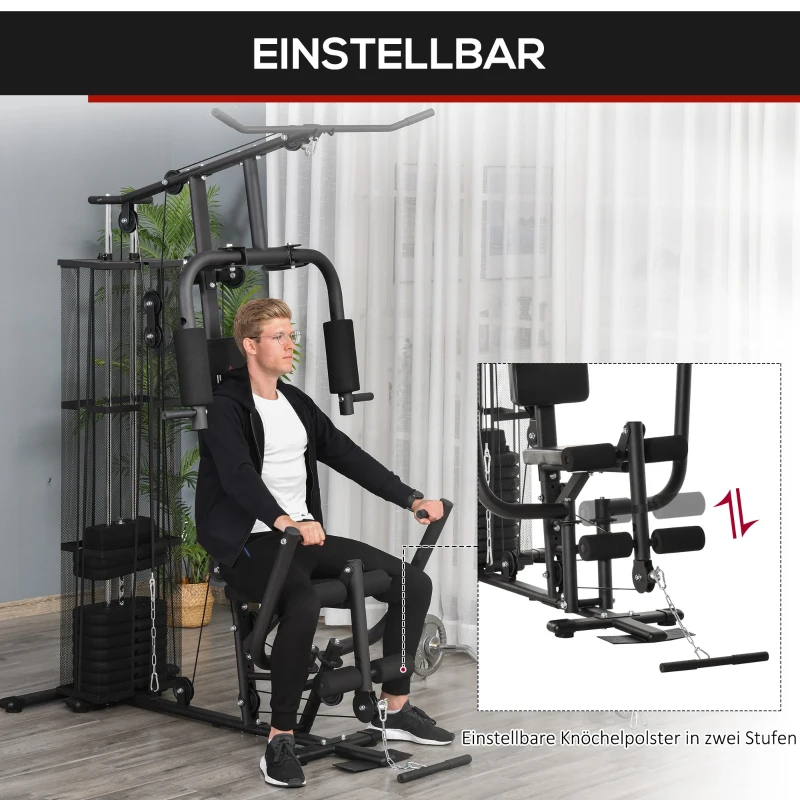 HOMCOM Kraftstation Fitnessstation Fitnessgerät Multifunktion Krafttraining Multistation Trainingsstation mit Latzug Butterflystange 45kg Gewichten Seil, Fitnessgeräte für Zuhause Schwarz
