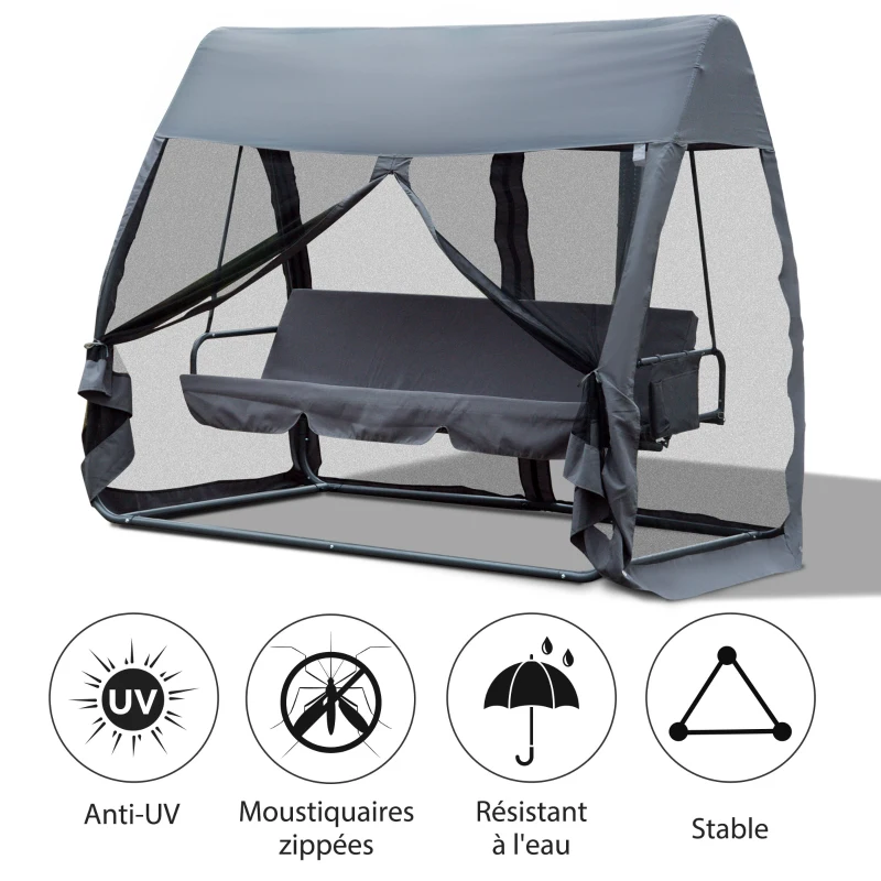 Outsunny Balancelle de Jardin Convertible 3 Places Grand Confort : Matelas Assise Dossier, moustiquaire intégrale zippée avec Toit, Pochette Rangement métal époxy Polyester Gris