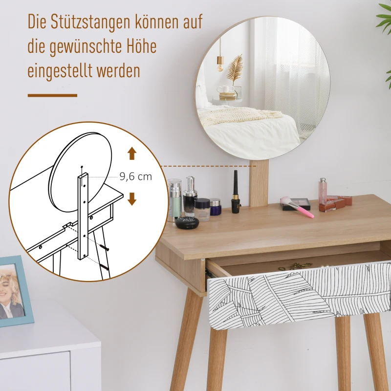 HOMCOM Schminktisch Kosmetiktisch mit Spiegel Frisierkommode Schmuck Schubladen Spanplatte Weiß+Eiche 70 x 39 x119-128 cm