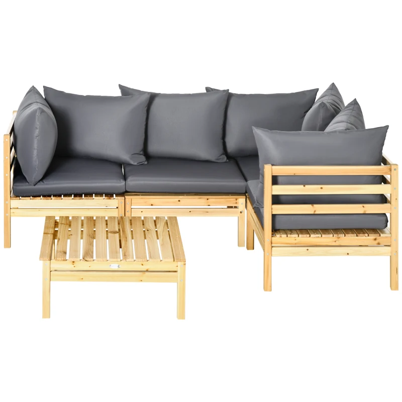 Outsunny Conjunto de Muebles de Jardín de Madera 5 Piezas 4 Módulos de Sofá con Cojines y Mesa de Centro para Exterior Natural