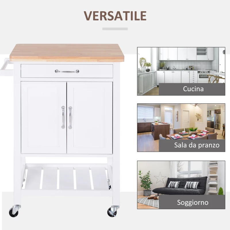 HOMCOM Carrello da Cucina Salvaspazio con Cassetto Armadietto e Ripiano, Mobile Cucina Carrello da Portata con 4 Ruote per Sala da Pranzo, Bianco