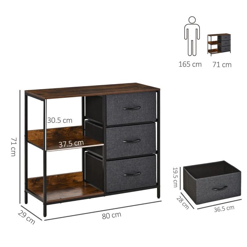 HOMCOM Chest of Drawers Storage  Dresser Cabinet Organizer with 3 Fabric Drawers and 2 Display Shelves for Living Room, Bedroom, Hallway, Black