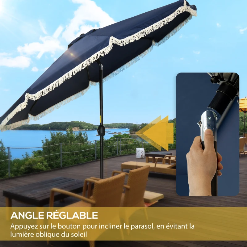 Outsunny Parasol inclinable rond Ø 268 cm avec franges polyester haute densité anti-UV mât démontable 8 baleines - bleu