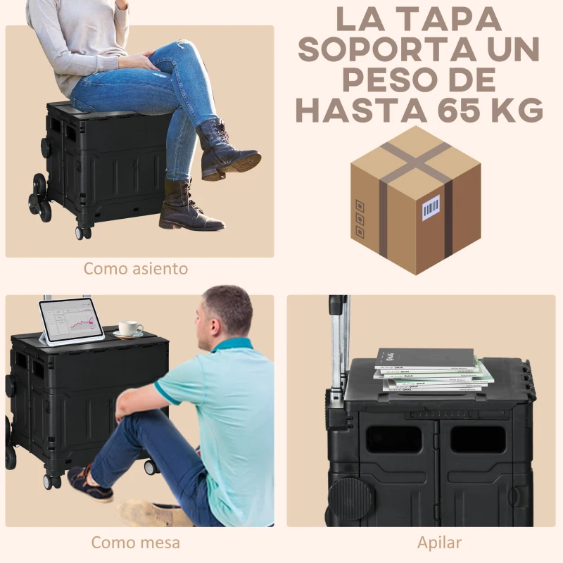 HOMCOM Carrito de la Compra Plegable con 2 Ruedas para Subir Escaleras Ángulo y Longitud de Mango Ajustable 48x43x95 cm Negro