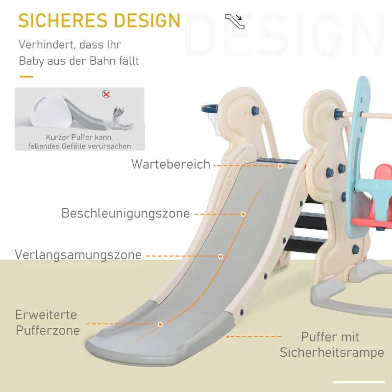 HOMCOM 3-in-1 Kinderrutsche Kinder Rutsche mit Basketballkorb, Schaukel, Leiter Spielzeug Slide Gartenrutsche Babyrutsch für 18-48 Monate HDPE Weiß+Blau+Grau 220 x 160 x 120 cm