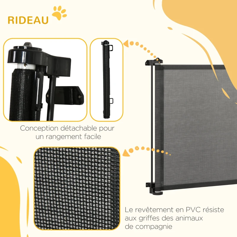 PawHut Barrière escalier chien rétractable opération à une main cadre en alliage d'aluminium tissu mesh 150 x  85 cm noir
