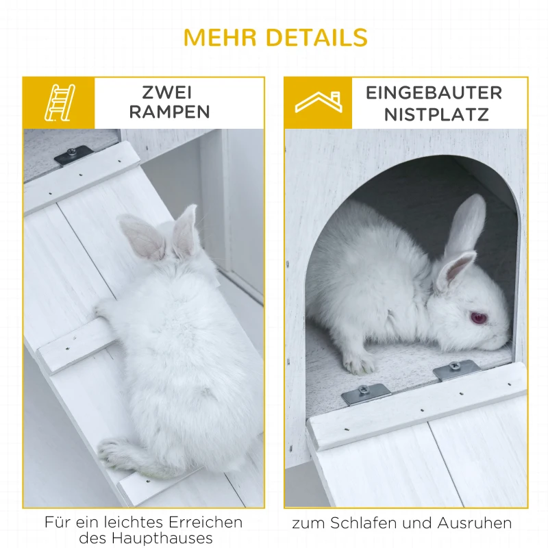 PawHut Kleintierstall mit Rädern 2 Ebenen Tannenholz Weiß