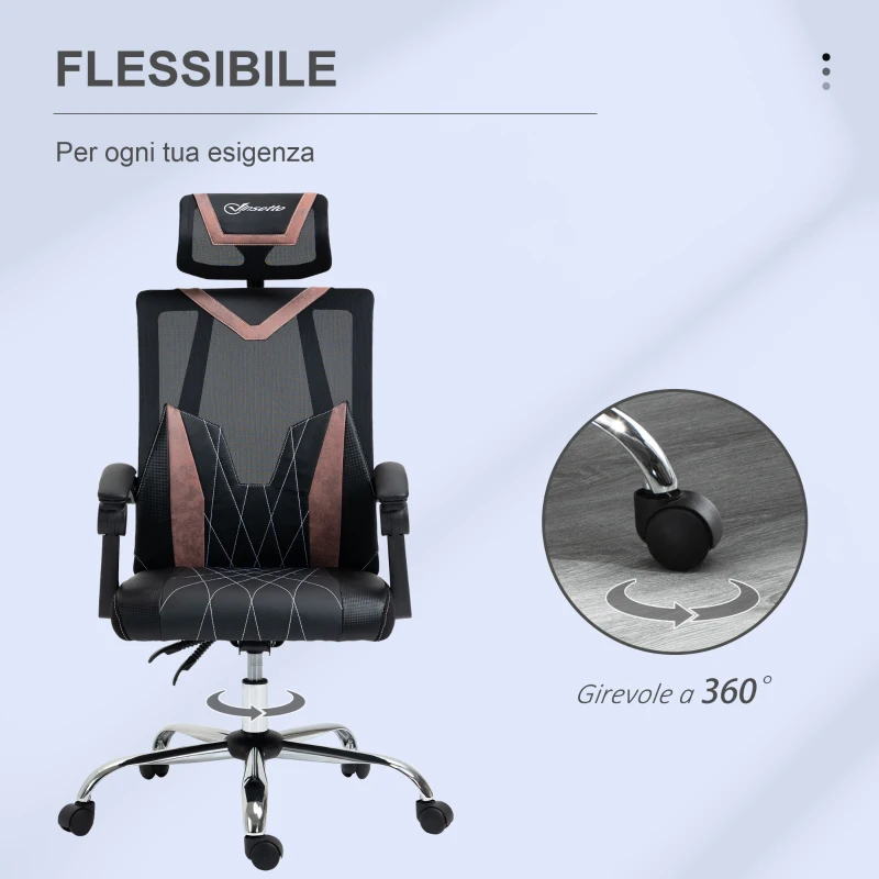 Vinsetto Sedia da Ufficio Ergonomica Inclinabile a 130° con Supporto Lombare e Cervicale, 58x62.5x112-120cm