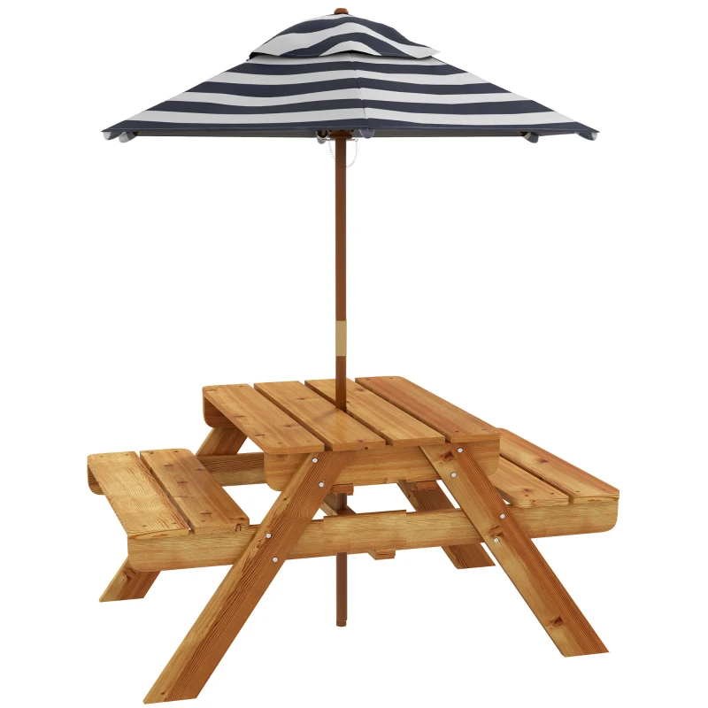 Outsunny Mesa y 2 Bancos Infantiles de Madera con Sombrilla y Arenero para Jardín Patio 89x80,5x142,5 cm Teca