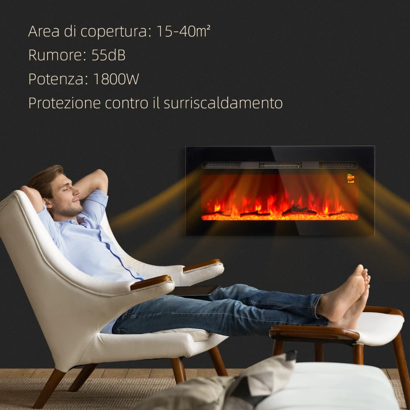 HOMCOM Camino Elettrico 1800W Regolabile con Telecomando, in Acciaio e Vetro Temperato, 91.4x15.8x45 cm, Nero