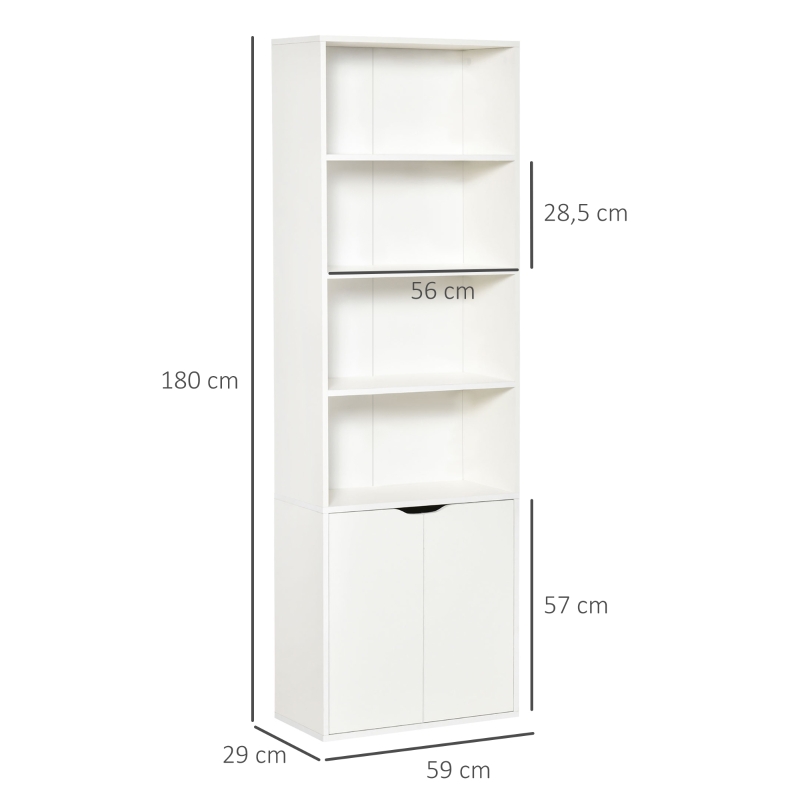 HOMCOM Estantería Librería Armario de Libros con 4 Compartimentos Abiertos y 2 Puertas para Salón Oficina 59x29x180 cm Blanco