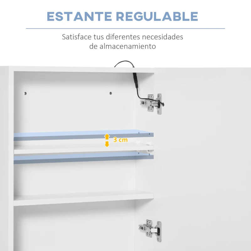 HOMCOM Armario de Baño con Espejo y Luz LED con 2 Estantes e Interruptor Táctil para Dormitorio Aseo 50x15x60 cm Blanco