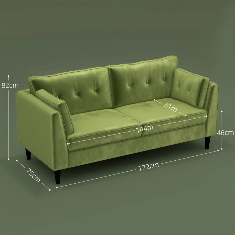 HOMCOM Divano 2 Posti Classico in Velluto con Cuscini e Trapuntato a Bottoni, 172x75x82cm, Verde