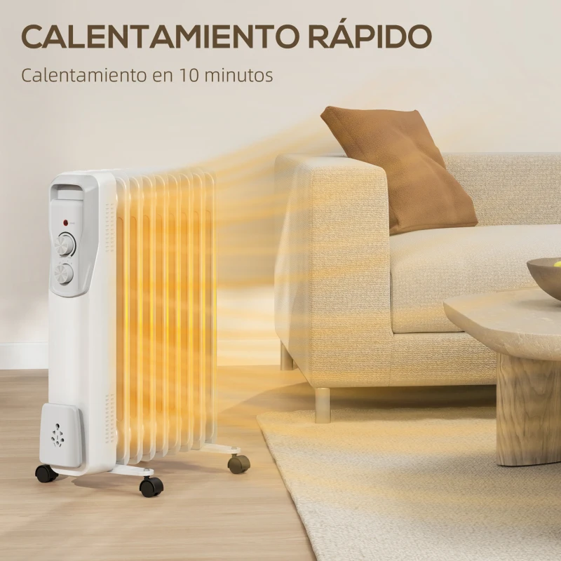 HOMCOM Radiador de Aceite Silencioso 2000W con Ruedas Temperatura Ajustable Protección contra Sobrecalentamiento Blanco