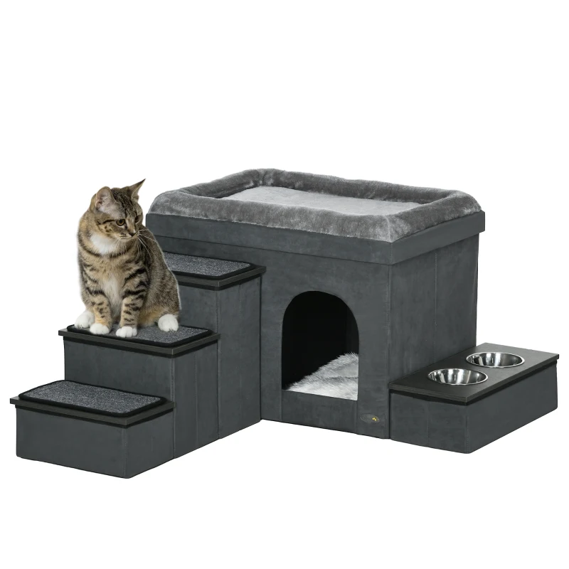 PawHut Katzenhaus Katzenhütte Katzenhöhle, 3 Haustiertreppen, 2 Fressnäpfe, 70 x 50 x 51, cm, Grau(m-10)