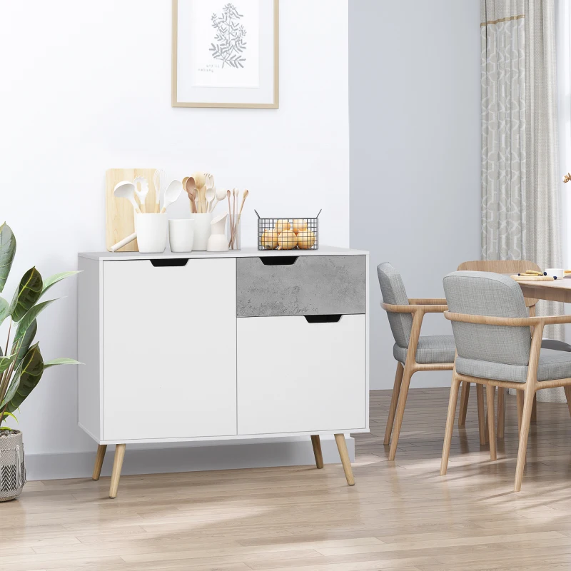 HOMCOM Aparador de Cocina con 2 Puertas y 1 Cajón Estilo Moderno con Patas Inclinadas 98x39x81,5 cm Blanco y Gris