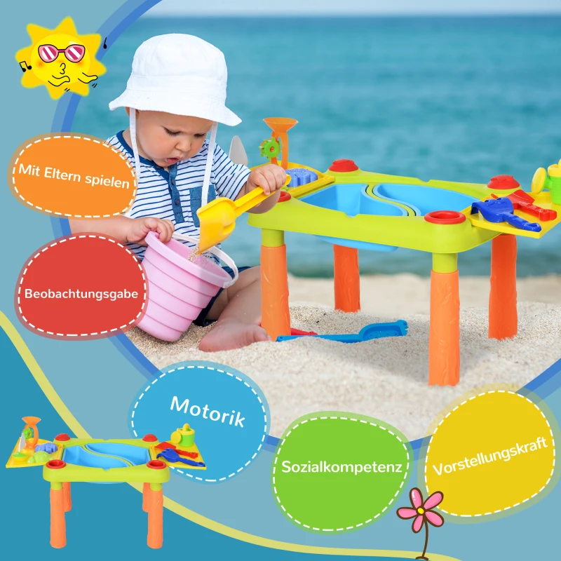 AIYPLAY Sand Wasserspieltisch, Sand- und Wassertisch Outdoor Strandspielzeug mit 16-tlg. Zubehör Sommerspielzeug für 3+ Jahre Kinder