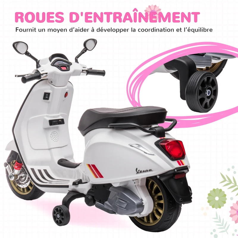 AIYAPLAY Scooter électrique enfant Vespa 6 V dim. 107L x 47l x 73H cm Musique MP3 Port USB Phare 2 roues d'entraînement - Blanc