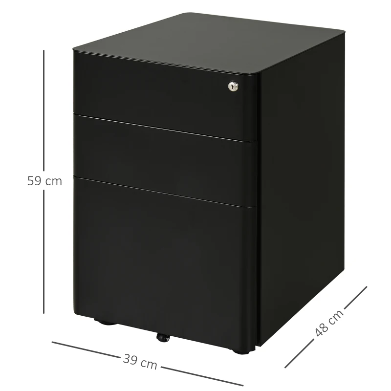 Vinsetto Rollcontainer mit 3 Schubladen mobiler Aktenschrank mit Rollen abschließbar Büroschrank mit Hängeregistratur Stiftfach, Bürocontainer für Büro, Homeoffice, 39 x 48 x 59 cm Schwarz