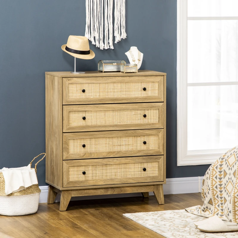 HOMCOM Cómoda con 4 Cajones Cajonera de Madera con Frontales de Ratán Estilo Cannage para Dormitorio 80x35x95 cm Natural(m-2)