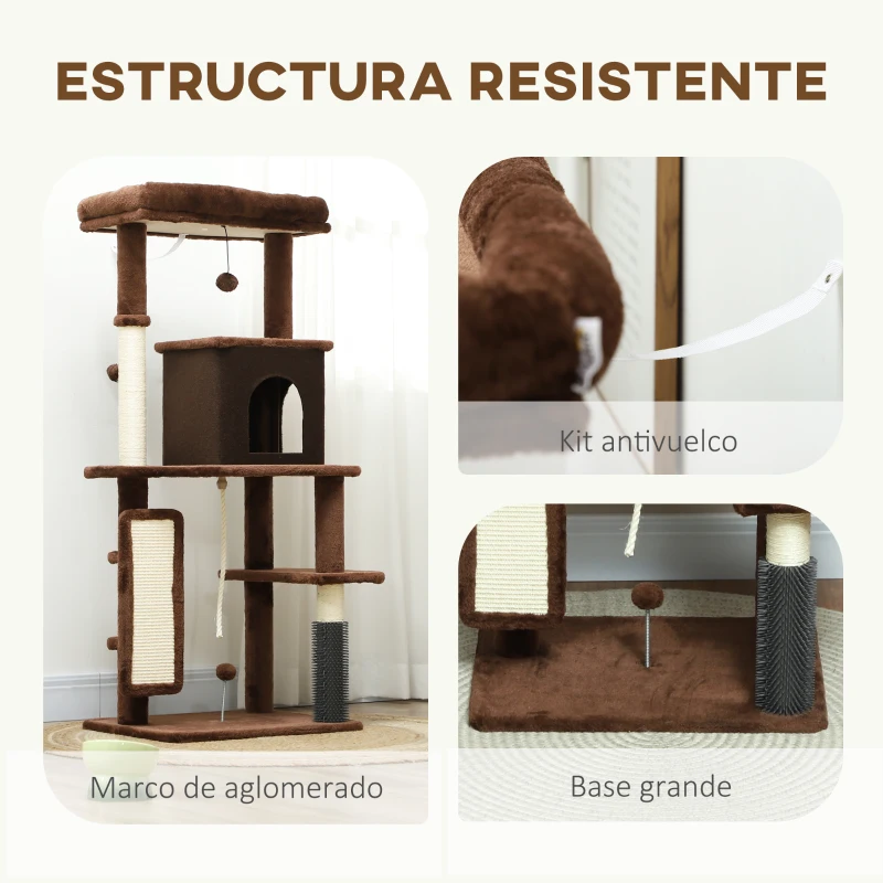 PawHut Árbol Rascador para Gatos 132 cm con Plataformas Poste con Cepillo Bolas Colgantes y Almohadilla para Rascar Marrón