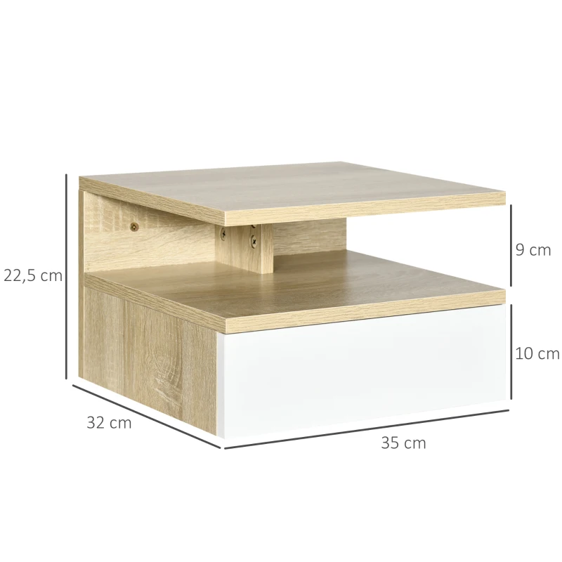 HOMCOM Set de 2 Mesitas de Noche Flotantes con 1 Cajón y Estante Abierto Diseño Moderno Montado en la Pared 35x32x22,5 cm Roble