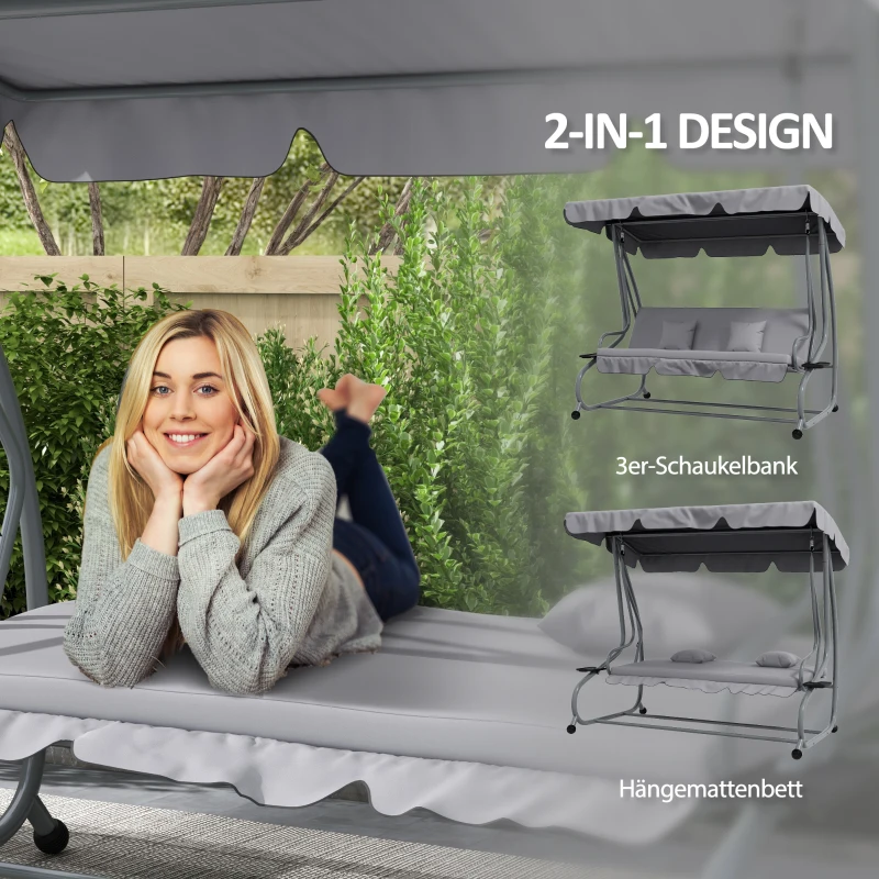 Outsunny 2-in-1 Hollywoodschaukel mit Liegefunktion, verstellbares Dach, bis 340 kg, Stahl, 200x120x164 cm, Grau(m-4)