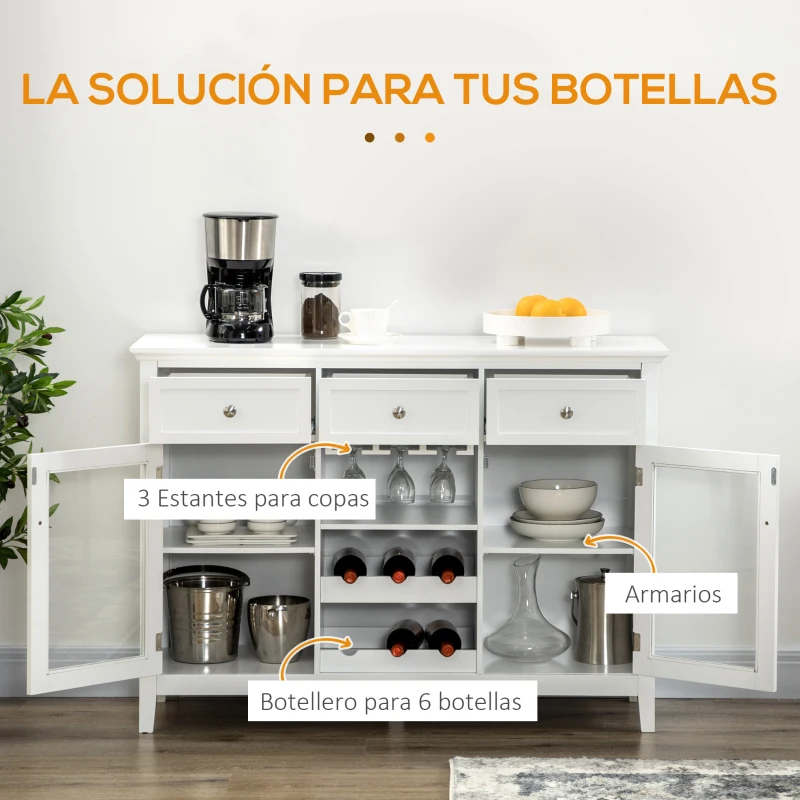 HOMCOM Aparador de Cocina con 3 Cajones Botellero y Soporte para Copas Mueble Auxiliar Estilo Moderno 120x40x87cm Blanco