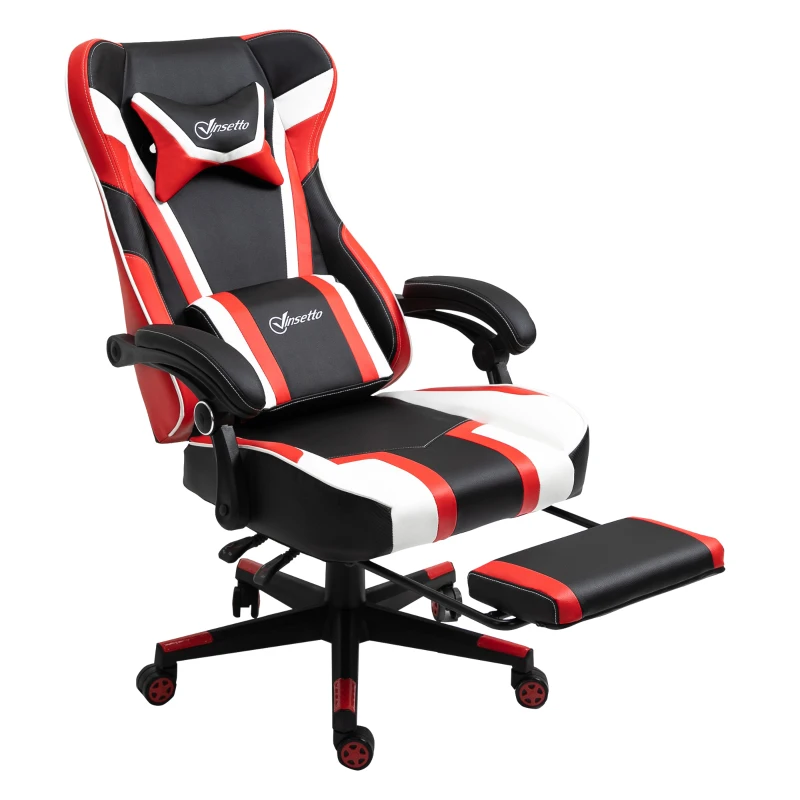 Vinsetto Fauteuil de bureau gaming massant - pivotant, inclinable, réglable - coussin lombaire, tétière, repose-pieds inclus - PVC rouge blanc noir