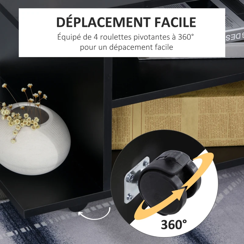 HOMCOM Meuble TV avec roulettes pivotantes, banc TV en bois avec étagères, support télé pour télévision jusqu'à 42 pouces, style contemporain pour salon chambre et bureau, 80 x 40 x 40 cm, noir