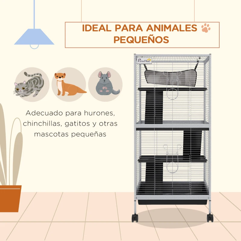 PawHut Jaula para Animales Pequeños con Ruedas 2 Puertas 3 Rampas Hamaca Colgante y Bandeja Extraíble 52x52x113,5cm Gris