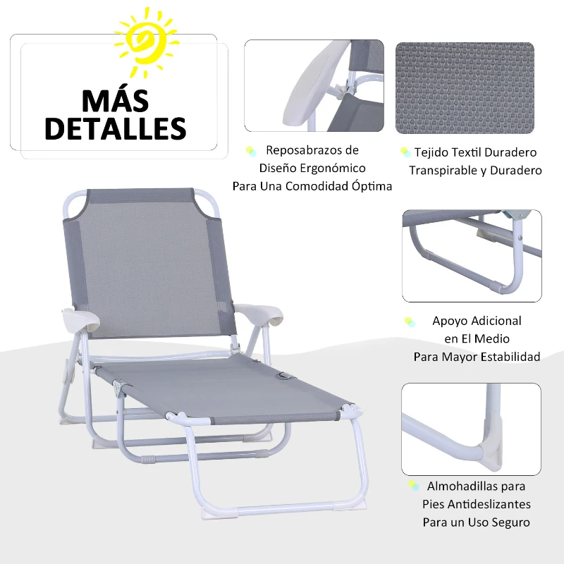 Outsunny Tumbona Reclinable y Plegable de Jardín con Respaldo Ajustable en 4 Posiciones Marco de Metal Texteline Transpirable 186x66x80 cm Gris