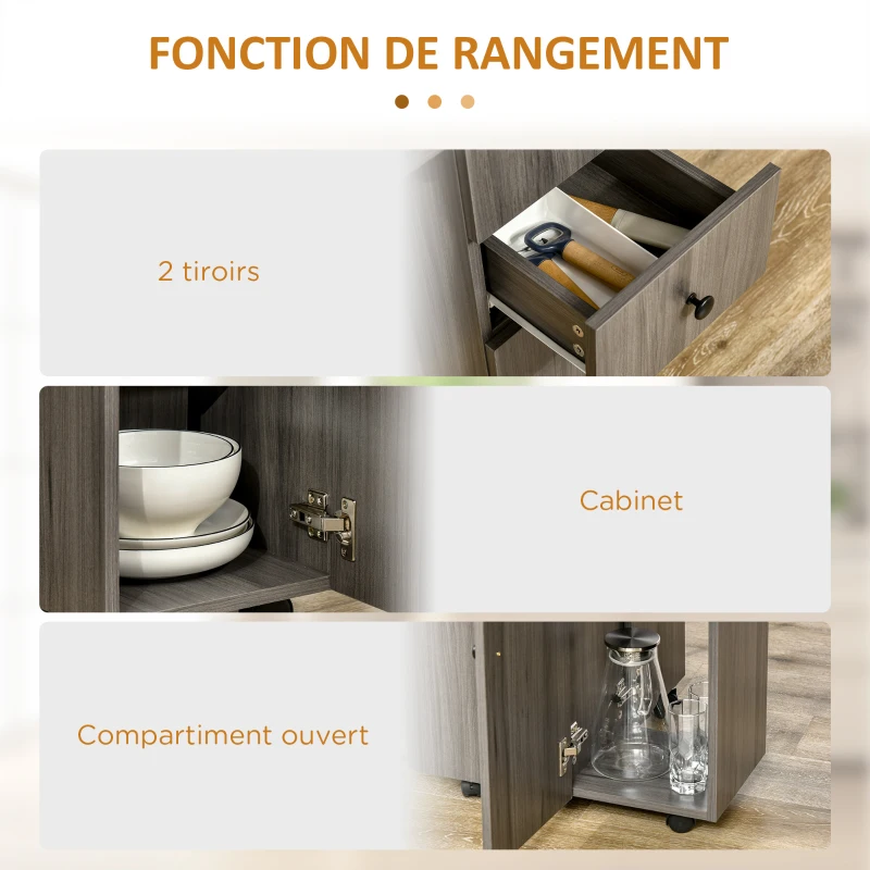 HOMCOM Table de cuisine pliable table à manger pliante 2 plateaux rabattables avec 2 tiroirs 1 placard gris