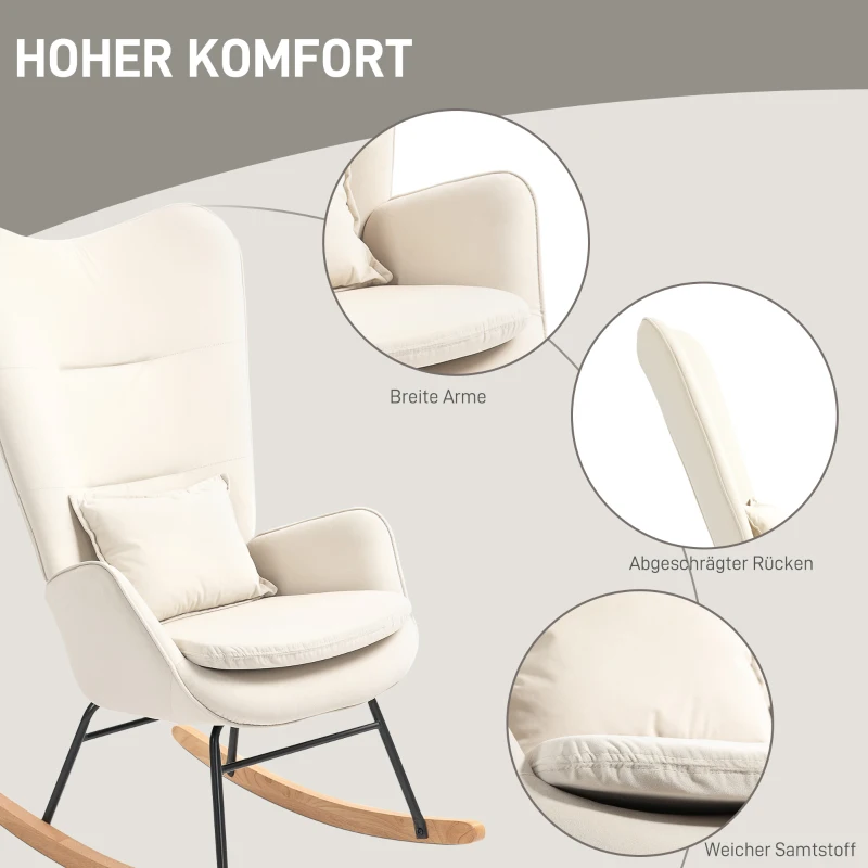 HOMCOM Schaukelstuhl, weicher Bezug in Samtoptik, mit Lendenkissen, bis 120 kg belastbar, 67 x 85 x 112 cm, Cremeweiß