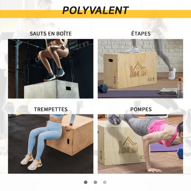 HOMCOM Box jump pliométrie 3 en 1 appareil boîte à saut musculation fitness & entraînement croisé plyobox pour box training 40/45/60 cm en bois